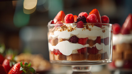 Delicious tiramisu dessert with fresh berries and whipped cream in glassの素材