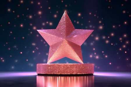 Golden star on a pedestal on a dark background. 3d renderingの素材