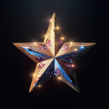 3d rendering of a golden star with jewels on a black backgroundの素材