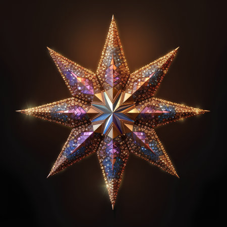 Geometric star with gems on dark background. 3D rendering.の素材
