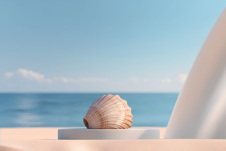 3d render of a seashell on a white podium on the beachの素材