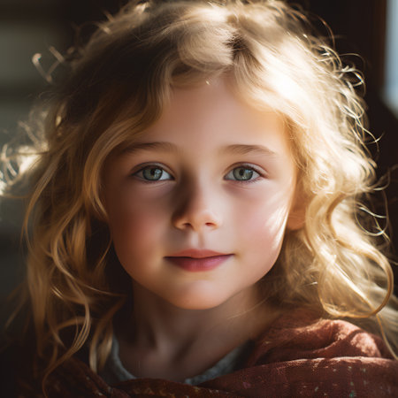Portrait of a beautiful little girl with blond curly hair and blue eyesの素材