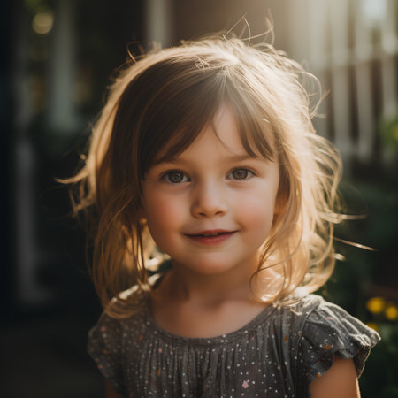 Portrait of a cute little girl with blond hair in the gardenの素材