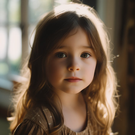 Portrait of a cute little girl with long hair in the roomの素材