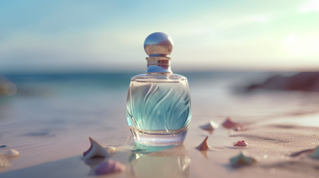 Perfume bottle on the beach with seashells in the backgroundの素材