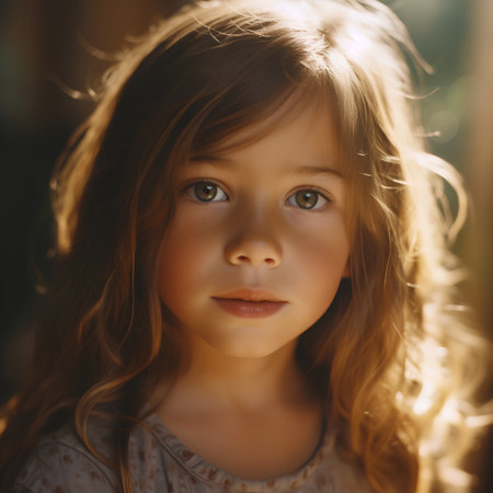 Portrait of a beautiful little girl with long curly hair and blue eyesの素材