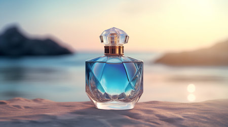 Perfume bottle on the beach at sunset. 3d renderingの素材