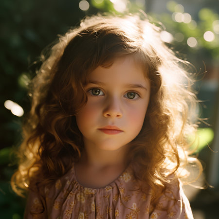 Portrait of a beautiful little girl with curly hair in the gardenの素材