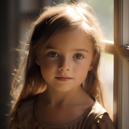 portrait of a beautiful little girl on a background of the windowの素材