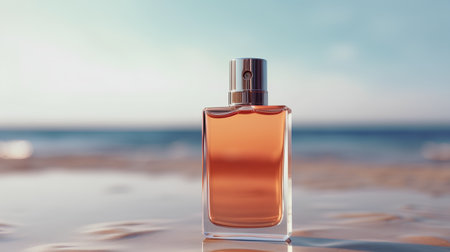 Perfume bottle on the beach. Shallow depth of fieldの素材