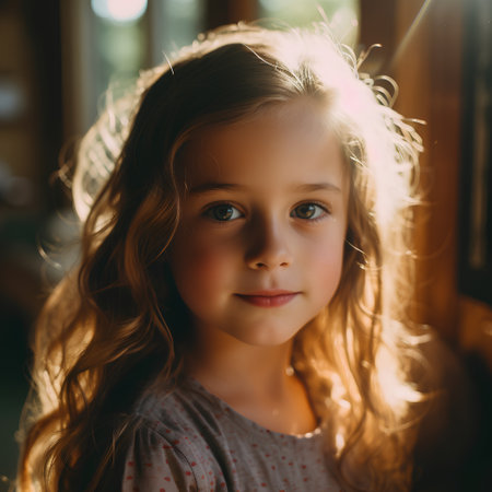 portrait of a beautiful little girl with long curly hair in a cafeの素材