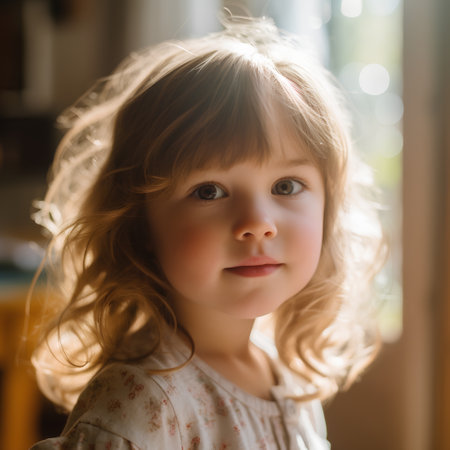 Portrait of a cute little girl with curly hair in a light roomの素材