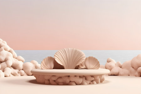 3d render of podium with seashells on pink background.の素材