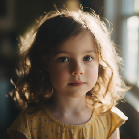 Portrait of a beautiful little girl with curly hair in a yellow dressの素材