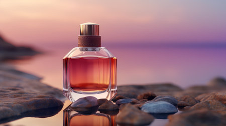 Perfume bottle on the beach at sunset. 3d renderingの素材