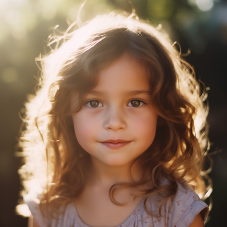 Portrait of a beautiful little girl with curly hair on the sunsetの素材
