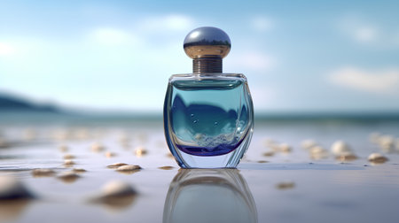 Perfume bottle on the beach. 3d render illustration.の素材
