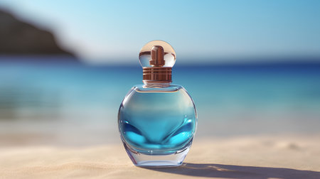 Perfume bottle on the beach. 3d render illustration.の素材