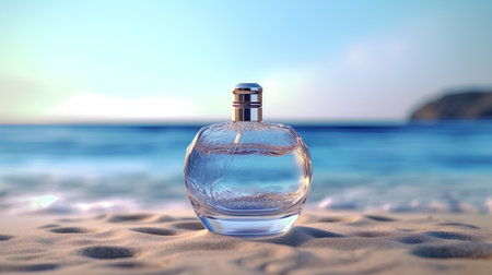 Perfume bottle on the beach. 3d render illustration.の素材