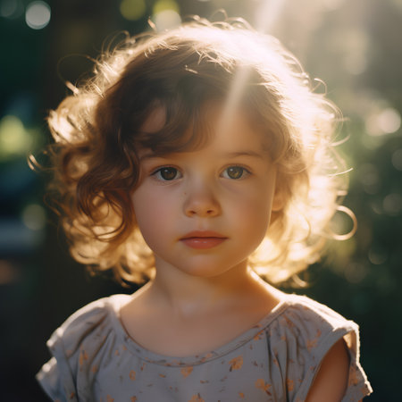 Portrait of a beautiful little girl with curly hair in the rays of the setting sunの素材
