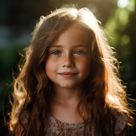 Portrait of a beautiful little girl with long hair in the park.の素材