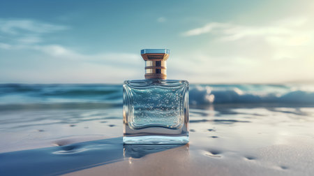 Perfume bottle on the beach. 3d render illustration.の素材
