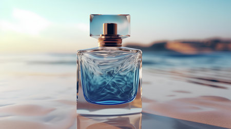 Perfume bottle on the beach. 3d render illustration.の素材