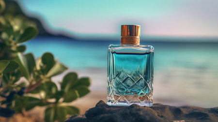 Perfume bottle on the beach. Vintage style. 3d renderingの素材