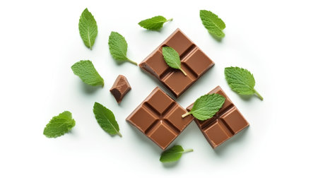 Pieces of chocolate with mint leaves isolated on white background, top viewの素材