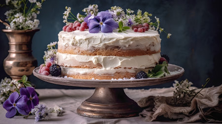 Homemade cake with berries and cream. Rustic style. Selective focusの素材