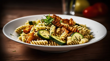 Fusilli pasta with zucchini and chicken on wooden tableの素材