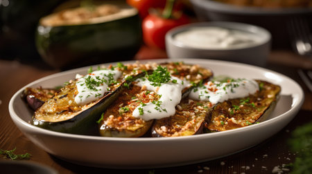 Baked eggplants with sour cream and parsley on wooden backgroundの素材