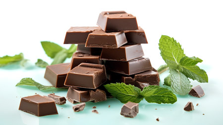 Pieces of chocolate with mint leaves on a white background. Selective focus.の素材