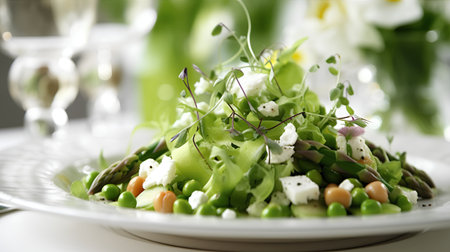 Green salad with asparagus, feta cheese and green peasの素材