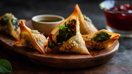 Fried dumplings with spinach and cranberry sauce on a wooden board.の素材