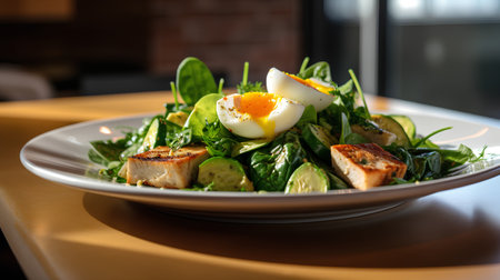 Caesar salad with grilled chicken, avocado, cucumber and boiled eggの素材