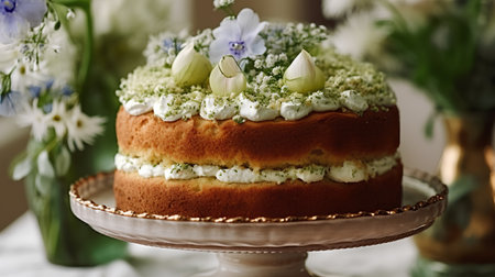 Easter cake with flowers on a light background. tinting. selective focusの素材