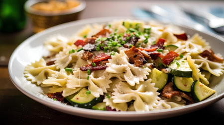 Farfalle pasta with bacon and zucchini. Italian foodの素材
