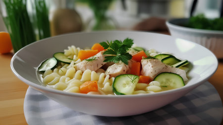 Chicken soup with pasta and vegetables in white bowl on wooden table.の素材