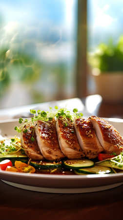 Grilled chicken breast with vegetables on a white plate in a restaurantの素材