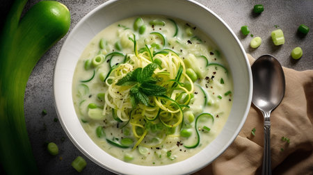 Creamy zucchini soup with fresh green onions and parsleyの素材