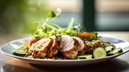 Grilled chicken breast with quinoa and vegetables on a white plateの素材