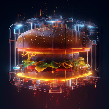 3d rendering of hamburger with neon lights on dark background.の素材