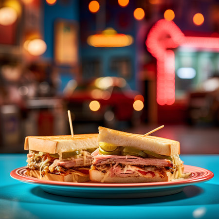 Sandwich with ham, cheese and pickles on a blue backgroundの素材