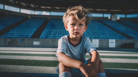 portrait of little boy sitting on football field and looking at cameraの素材