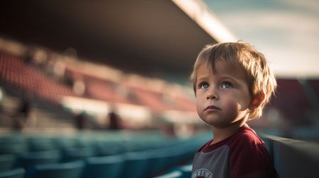 Portrait of a cute little boy in a red t-shirt on the background of the stadiumの素材