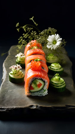 Sushi roll with salmon, cucumber and cream cheese on a black backgroundの素材