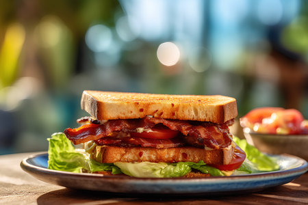 Sandwich with bacon, lettuce and tomato on a wooden table.の素材