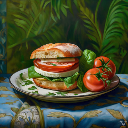 Sandwich with mozzarella, tomatoes and basil on a plateの素材