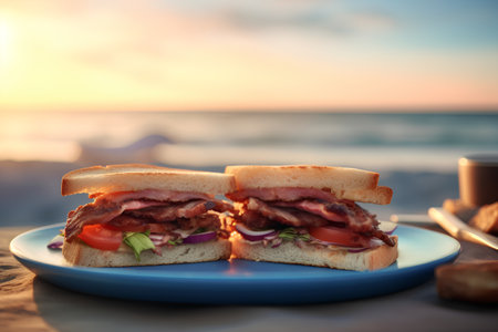 Sandwiches with bacon, tomato and onion on the beach.の素材